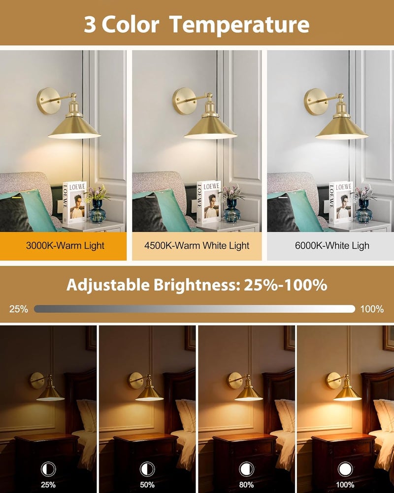 Bailoch Gold Vintage Wireless Battery Operated Wall Sconces, Rechargeable Cordless Battery Powered Led Wall Lights Set of 2, Wall Lamp Fixture Indoor with Remote Control for Bedroom Farmhouse Gallery - Image 3